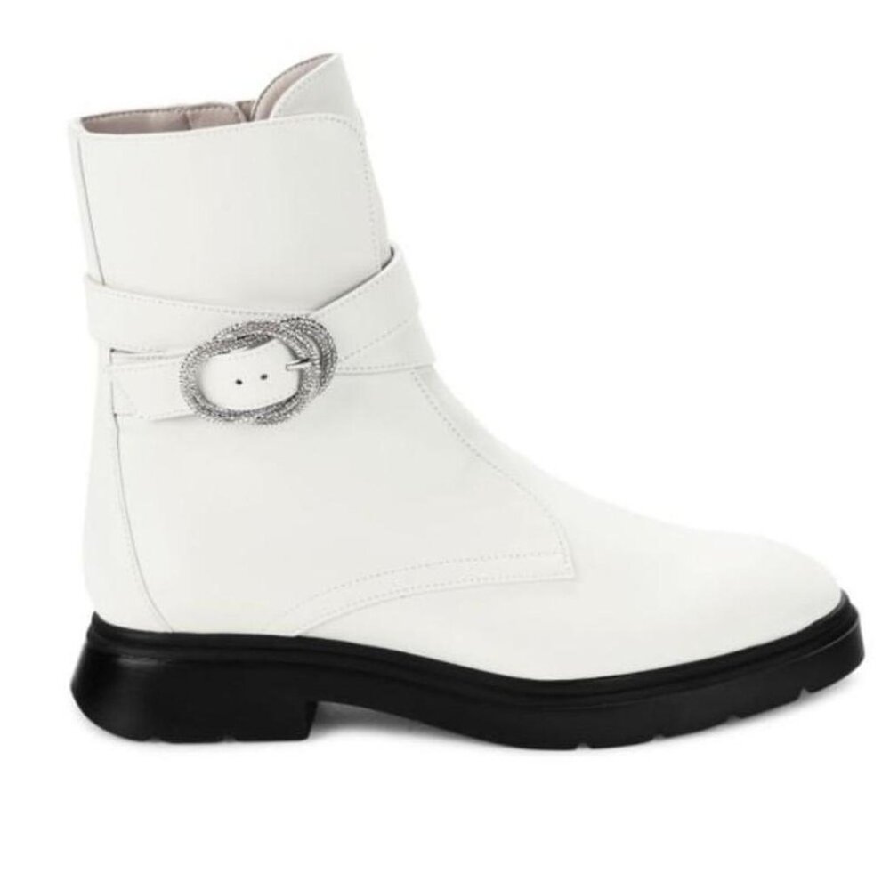 Stuart Weitzman Crystal Buckle White Leather Ankle Boots Women’s Size 7.5